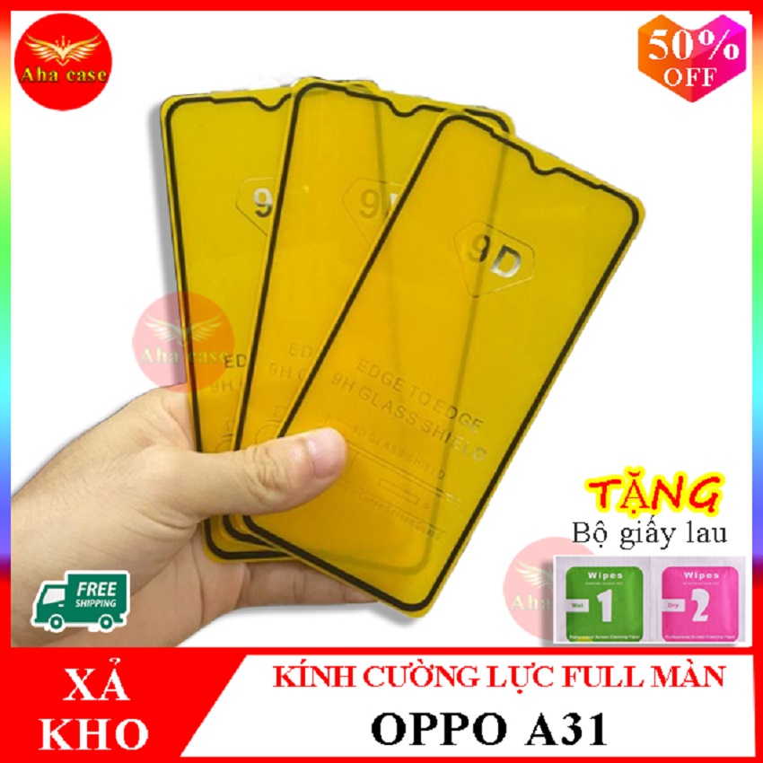 Kính cường lực OPPO A31, Kính cường lực A31 FULL màn hình, Tặng kèm giấy lau ướt và giấy lau khô, Aha Case