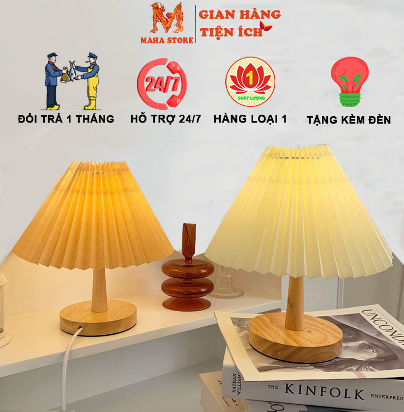 [HÀNG LOẠI 1] Đèn Ngủ Để Bàn -Thân Gỗ Cute vintage Phong Cách Hàn Quốc - Đèn Ngủ Xếp Ly Kèm Công Tắc bật sáng tinh tế