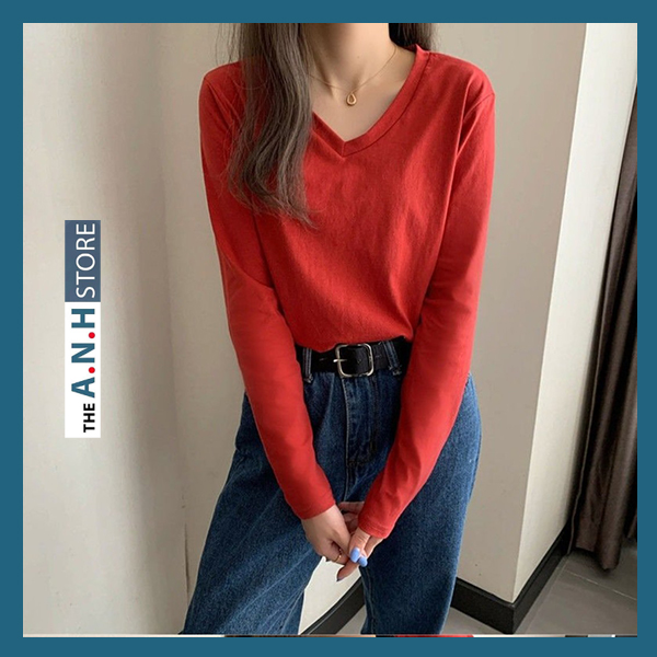 Áo thun xược cổ tim, cổ V tay dài nữ ANHSTORE , chất thun xược cotton thời trang
