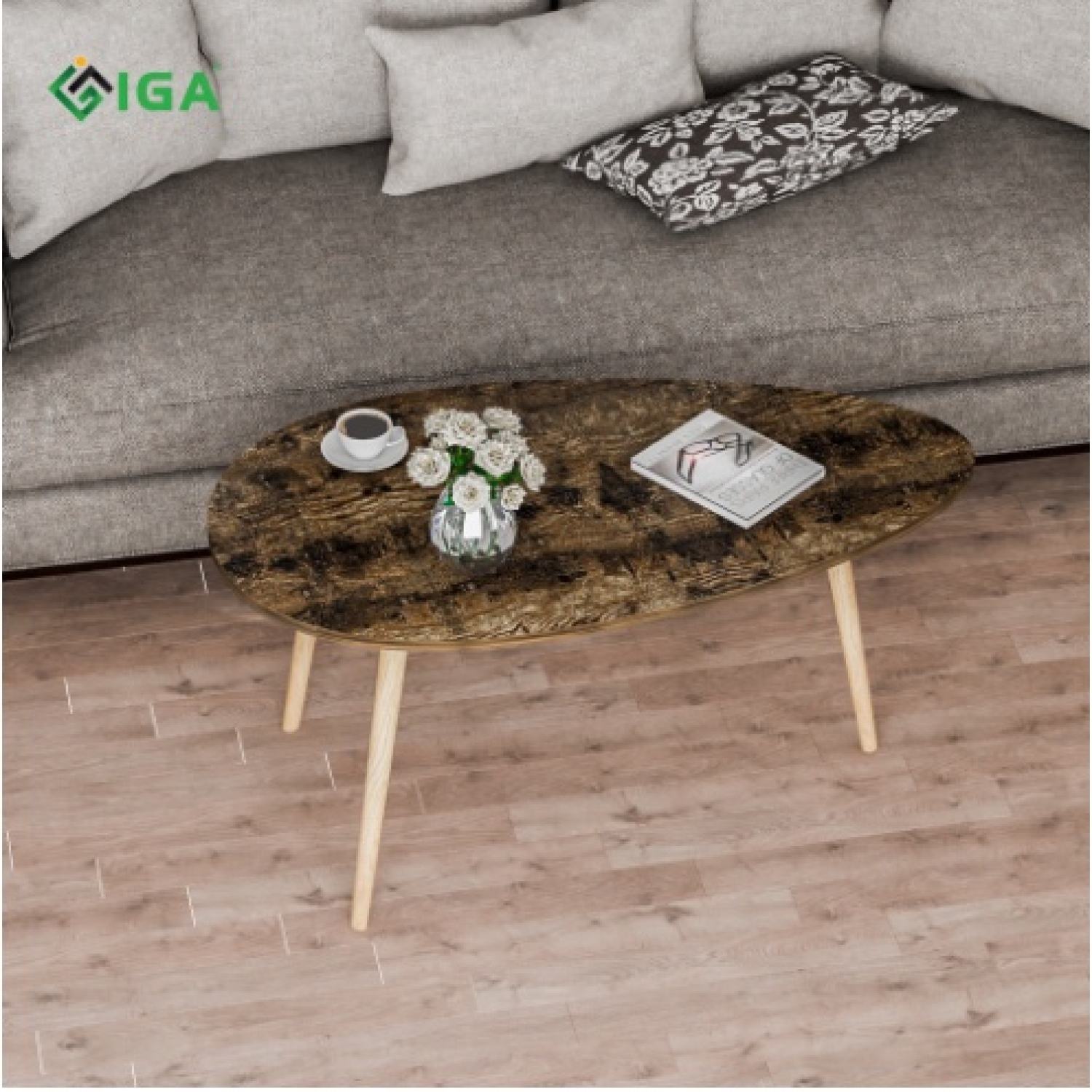 Bàn trà sofa bắc âu hình trứng màu gỗ cháy chính hãng IGA- GP55