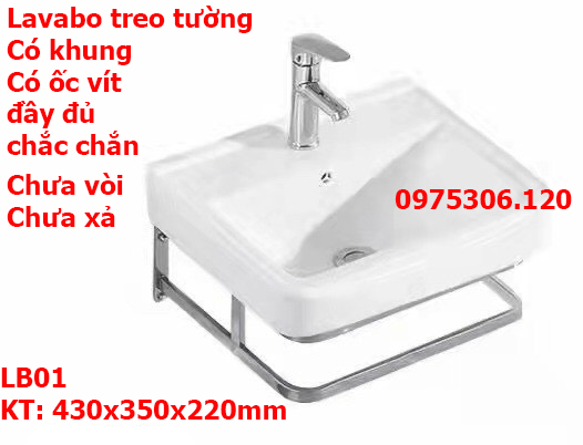 Chậu rửa mặt lavabo la01 treo tường có khung inox chân đỡ có ốc vít chắc chắn lắm, men nano trắng sáng chống ố chống bám bẩn