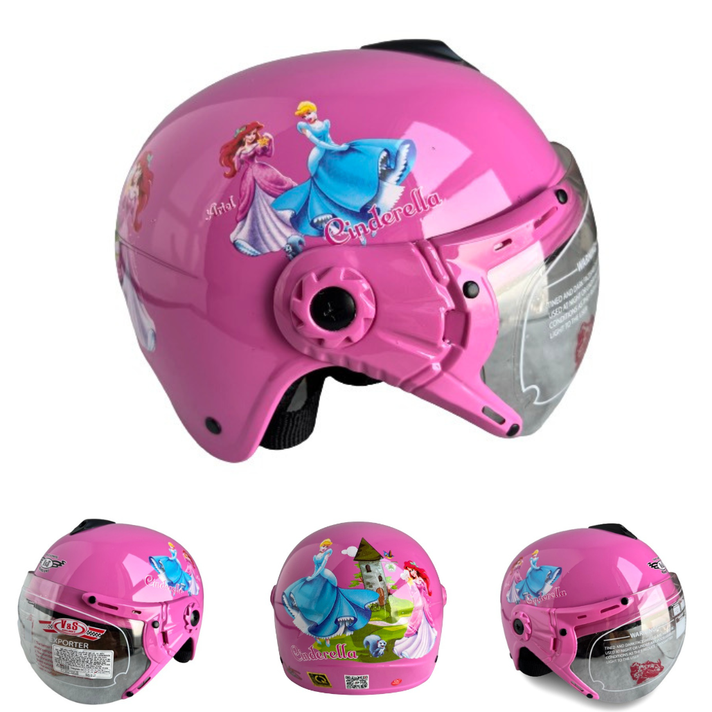 Mũ bảo hiểm trẻ em dành cho bé gái từ 3 đến 6 tuổi - vòng đầu 50-52cm - Kính trong suốt - Vs103Ks Tem Cinderella - Hàng chính hãng - Bảo hành 12 tháng