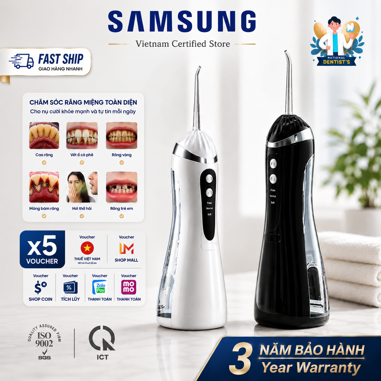 【Bảo hành 3 năm miễn phí】 Máy tăm nước 99.89% iGx2m 3 vòi phun tần số cao IPX7 Không gây tổn hại nướu / không đau
