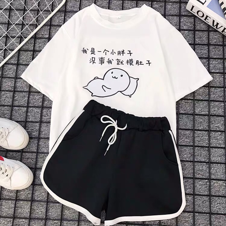 [ sale -  sét áo phông quần đùi ] sét áo phông in hình em bé và chữ nhật kèm quần đùi sọc nữ