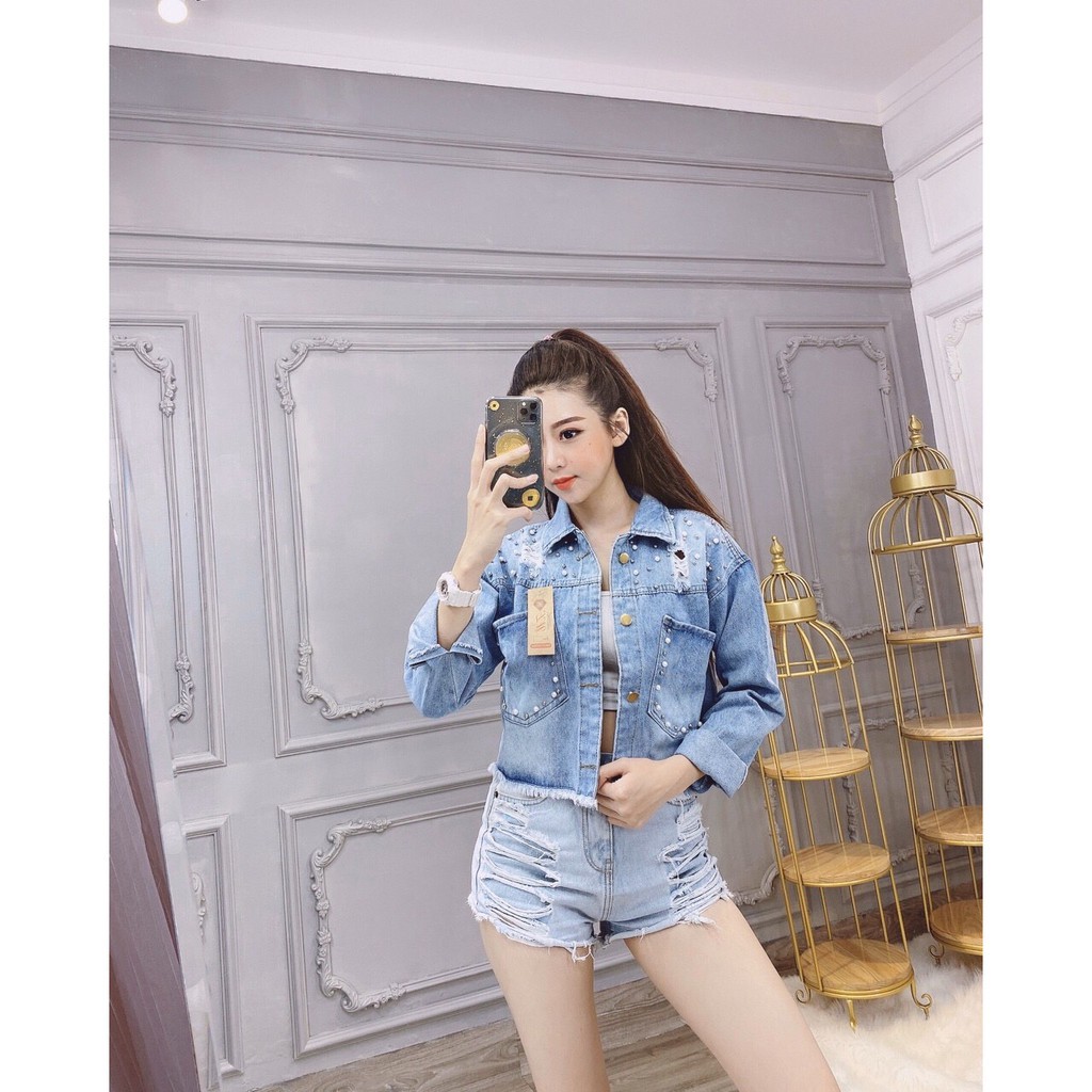 Áo Khoác Jean Nữ Cao Cấp Form Lửng Rách Lai Đính Hạt Cườm - Ảnh thật kèm video