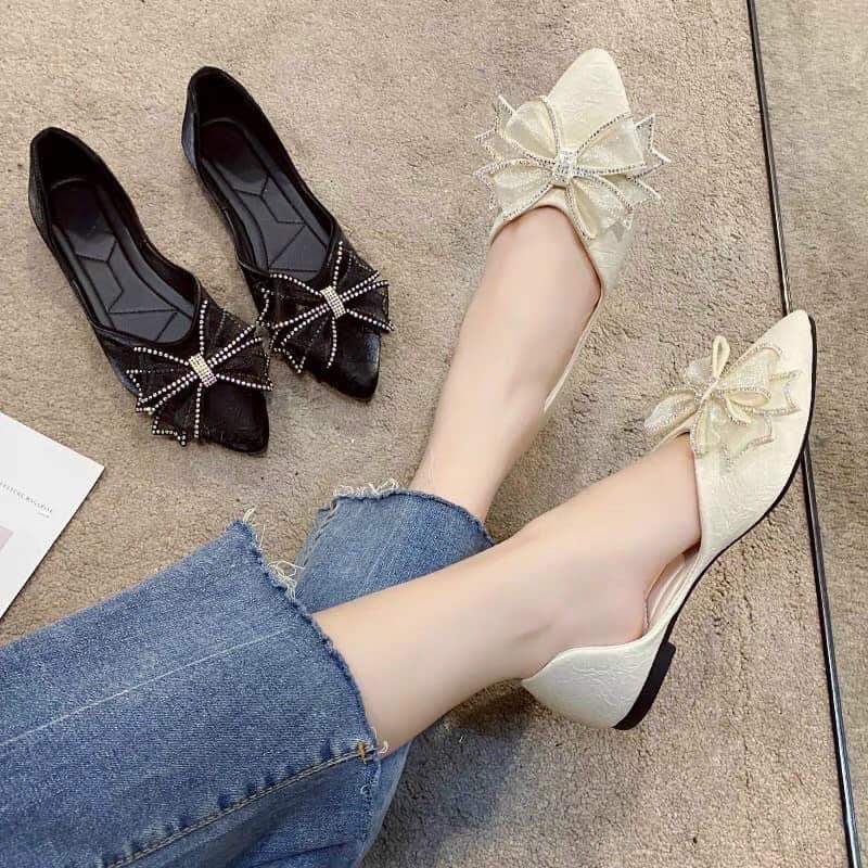Giày bệt nữ/ giày búp bê nữ PUNSHOES phong cách Hàn Quốc kèm nơ đá xinh xắn( FORM TO LÙI 1 SIZE)