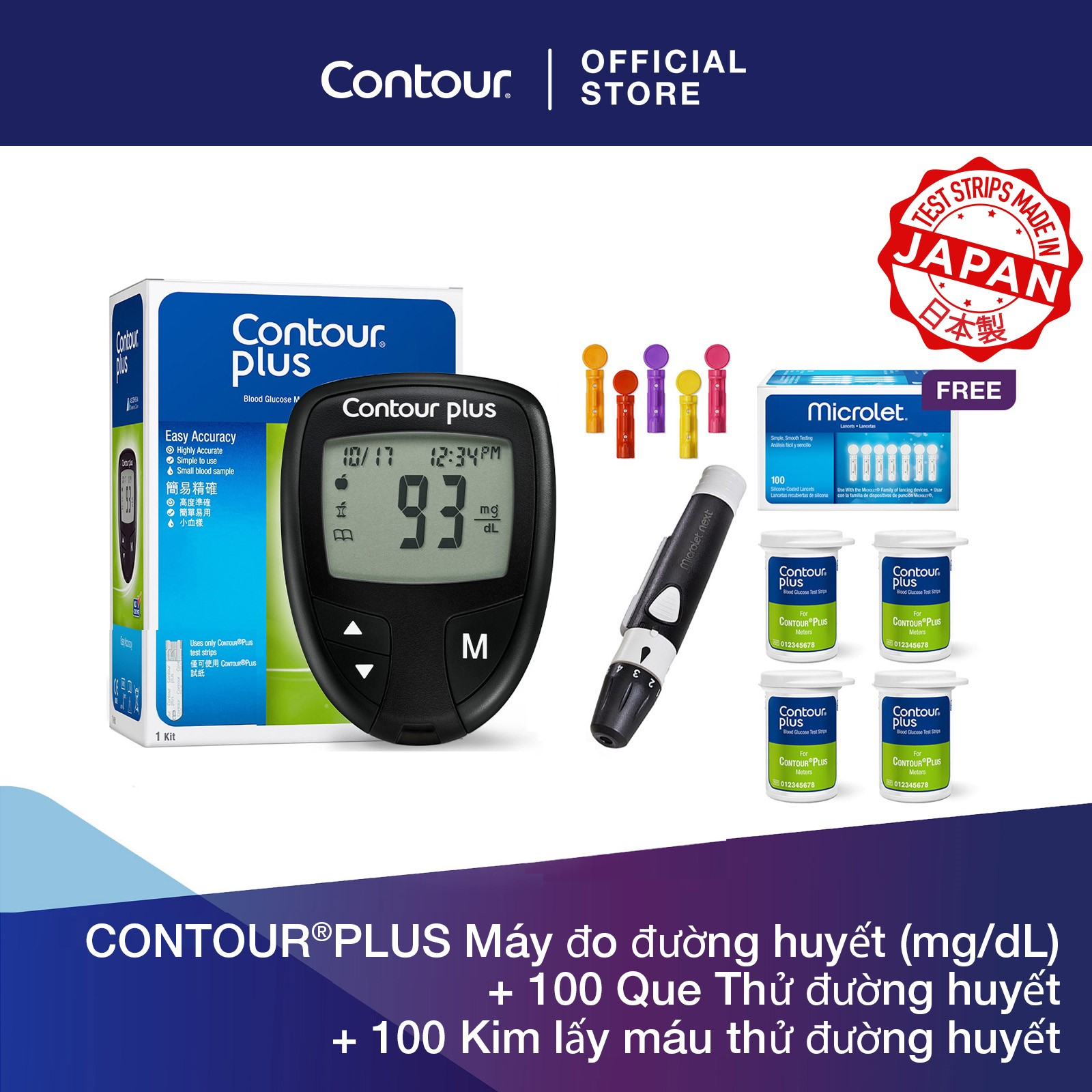 Contour®plus máy đo đường huyết + 100 que thử đường huyết + 100 kim lấy máu thử đường huyết