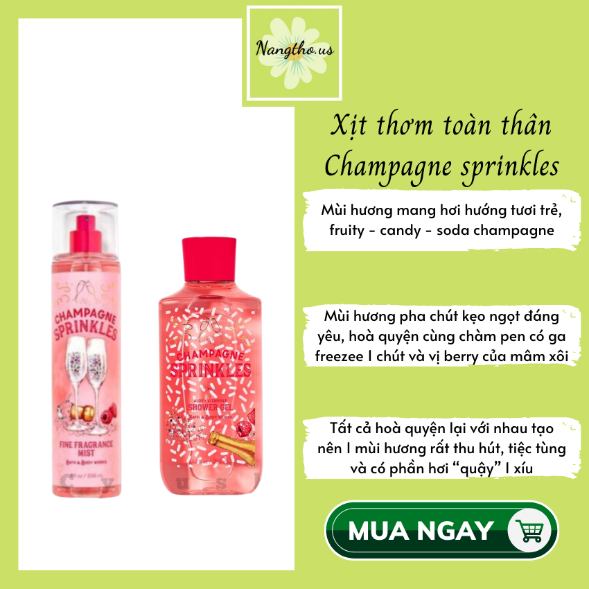 Xịt thơm toàn thân xịt khử mùi Champagne sprinkles body mist bath body works mùi hương mang hơi hướng tươi trẻ, quyến rũ, nước hoa, xịt toàn thân, xịt cơ thể, khử mùi cơ thể
