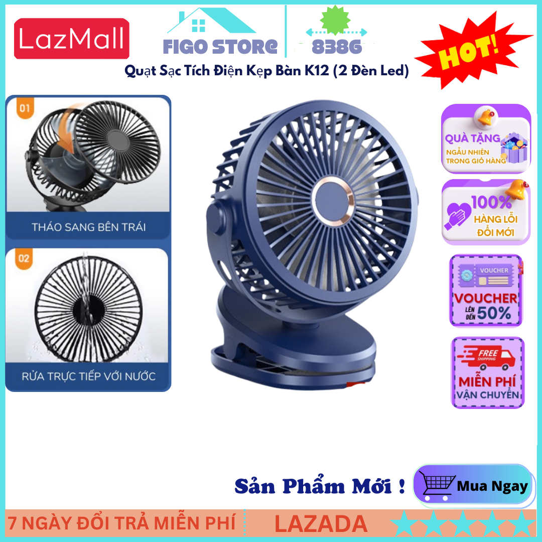 LazMall Deal Sốc Hôm Nay Quạt Kẹp Bàn K12 Tích Điện Có Đèn LED quạt sạc tích điện mini quạt tích điện dùng khi mất điện pin trâu lên đến 20000mAh. FIGO 8386