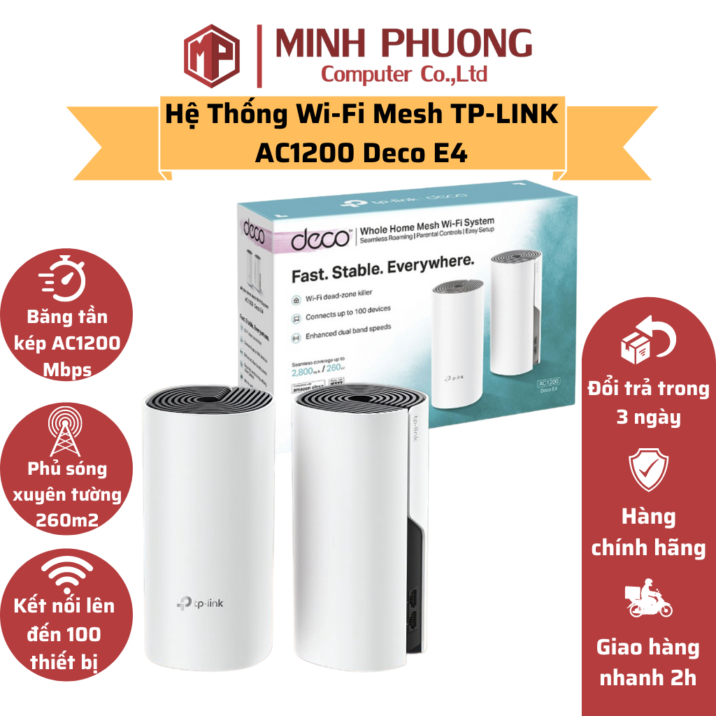 Wifi Mesh Toàn Ngôi Nhà TP-Link Deco E4 Chuẩn AC 1200Mbps Dành Cho Gia Đình - Hàng chính hãng