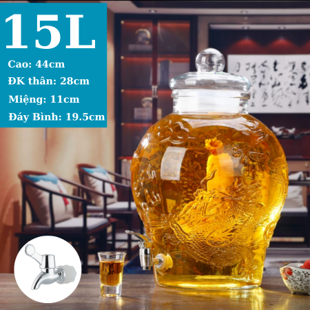 Bình ngâm rươu thủy tinh 15 lít Chum Rồng có van