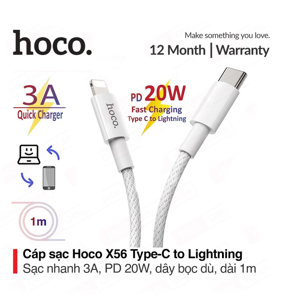Cáp sạc nhanh hc x56 type-c ra ip lning pd 20w, sạc và truyền dữ liệu