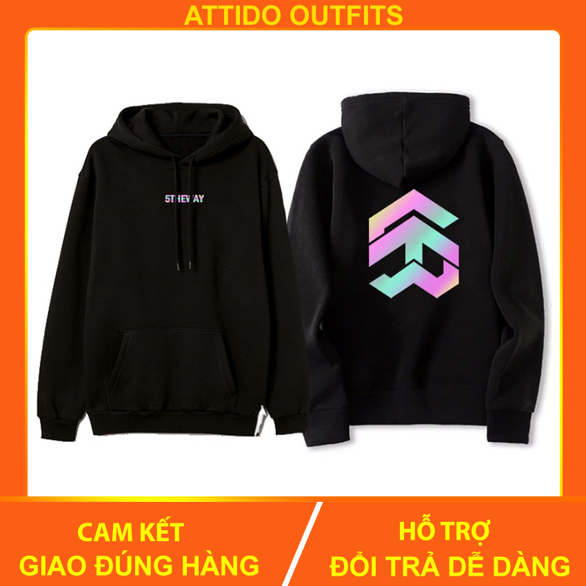 Áo Khoác Hoodie Attido Outfit Dáng Unisex Tay Dài Form Rộng Chui Đầu Có Mũ Oversized Kiểu In Hình Phản Quang 5theway