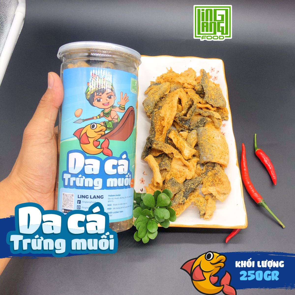 Da cá trứng muối chiên giòn 250g siêu ngon, snack da cá trứng muối Ling Lang Food giòn thơm