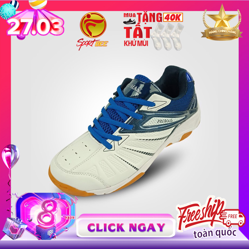 Giày thể thao nam Giày bóng chuyền nam bền Giày cầu lông nam bền đế kếp chống trơn chống trượt ôm chân Promax 19001 màu trắng viền xanh họa tiết mắt lưới sport bee, bee sport, sportbee, beesport