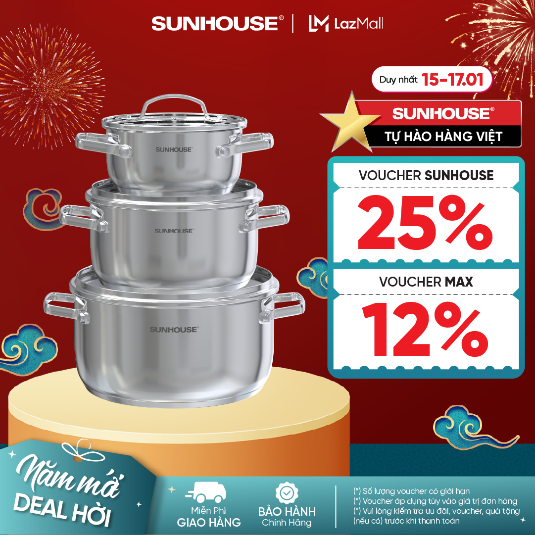 Bộ nồi Inox 304 Sunhouse Healthy SHG605 - Gồm 3 nồi size 16,20,24cm -Đáy từ 3 lớp - Inox 304 - Phù hợp mọi loại bếp