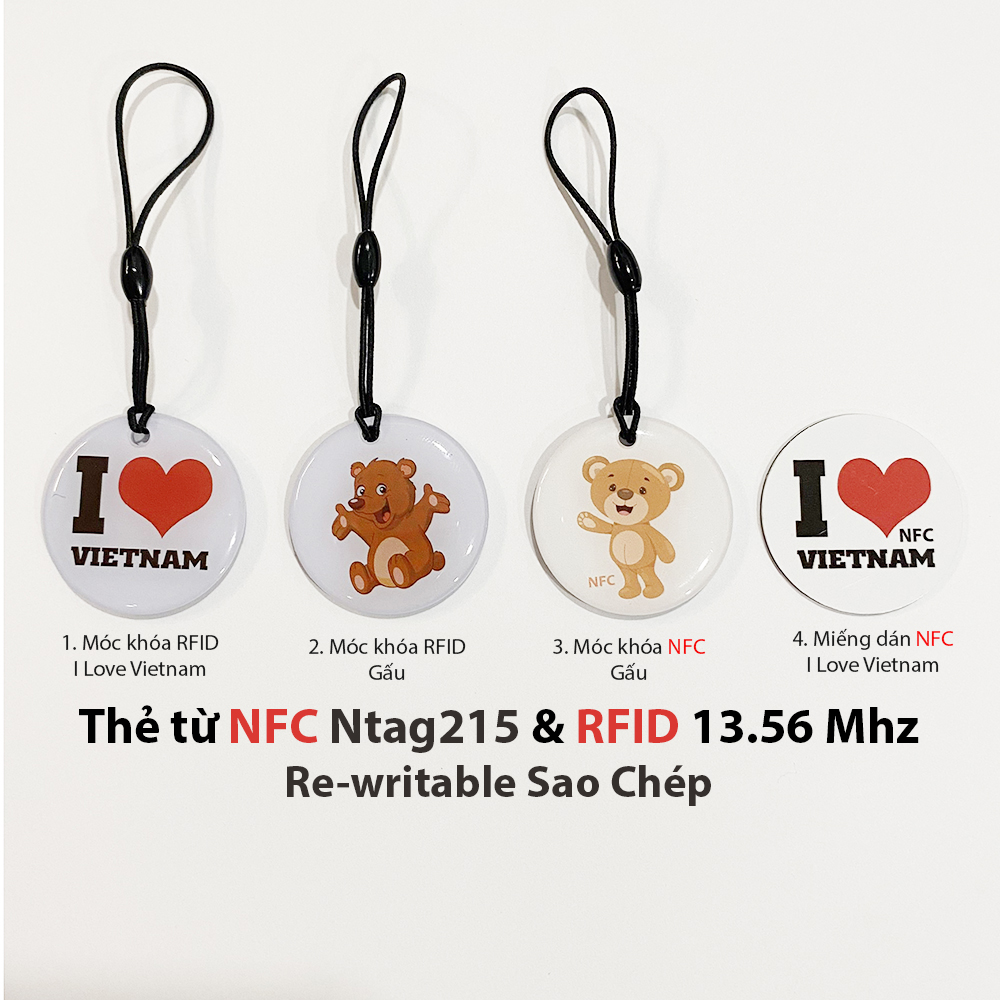 Thẻ từ nfc & rfid ic 13.56 mhz dạng miếng dán móc khóa ghi thông tin bằng app điện thoại