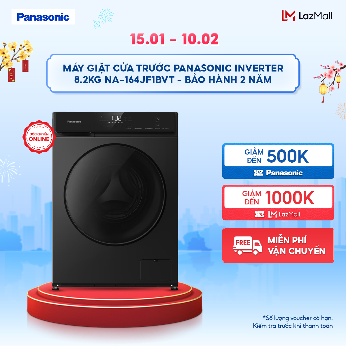   Sản phẩm mới 2025  Máy Giặt Cửa Trước Panasonic Inverter 8.2KG NA-164JF1BVT - Bảo Hành 2 năm 