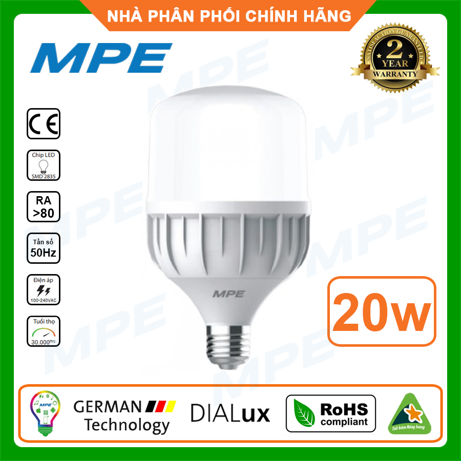 Đèn Led MPE - BH 2 năm - Bóng đèn led Bulb Trụ 20W LBD-20T siêu sáng hàng Việt Nam, công nghệ Đức - Chất lượng cao