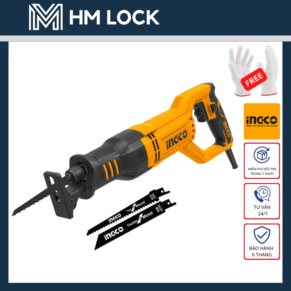 MÁY CƯA KIẾM INGCO 750W - TẶNG 1 LƯỠI CƯA KIM LOẠI, 1 CƯA GỖ - HÀNG CHÍNH HÃNG - RS8008 - HM LOCK