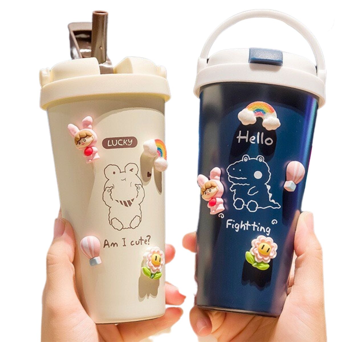 Ly giữ nhiệt 600ml Inox 304 cao cấp có quai xách ống hút, Bình đựng nước chống tràn Tặng kèm Sticker 3D