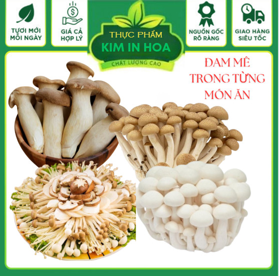 Nấm kim châm ,hải sản ,đông cô ,đùi gà, linh chi nâu ,chi trắng combo món lẩu nấm