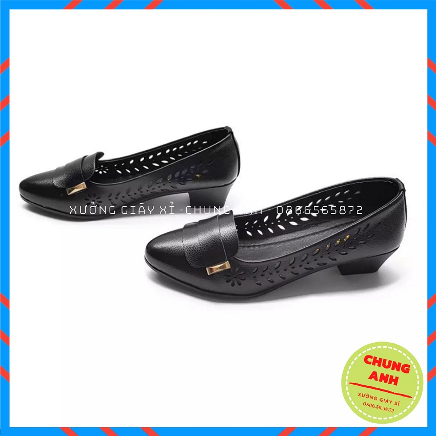 giày cao gót - giày cao gót nữ - giày cao gót công sở - giày cao gót VNXK da lỳ cao cấp gót cao 4 phân cắt lỗ LAZE đính khuy vàng