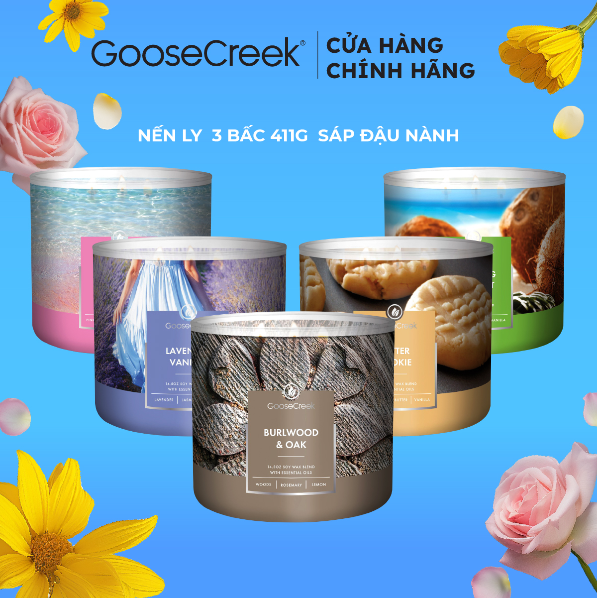 Nến ly 3 bấc sáp đậu nành goose creek - bst nhiều mùi hương