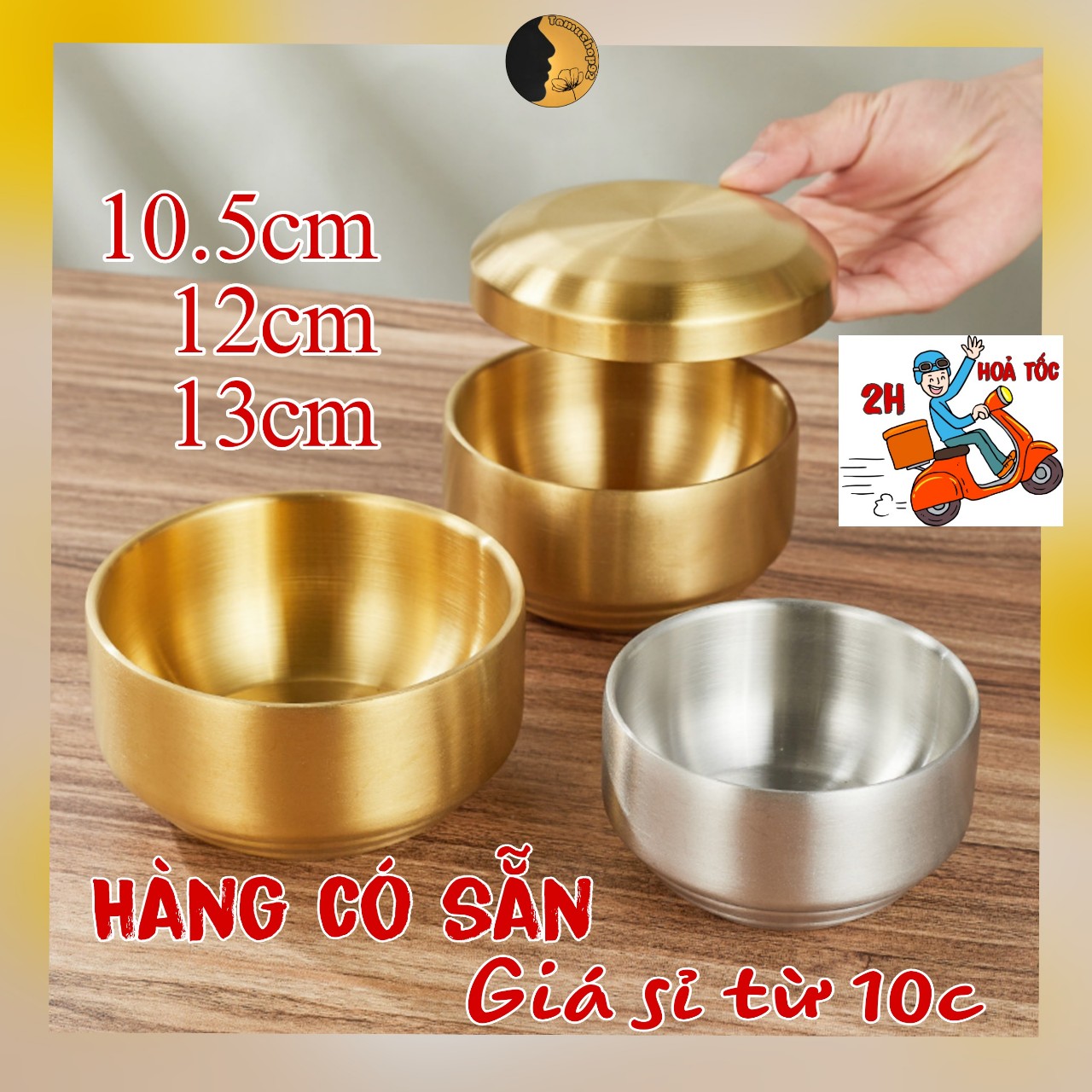 Bát inox có nắp tamushop92 tô inox 304 cách nhiệt 2 lớp chén có nắp đậy mạ màu vàng bạc bi011