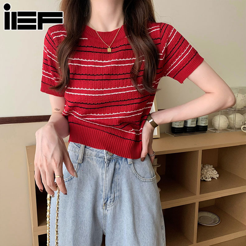 [IEF Women's knitted T-shirt Korean style loose cropped striped top Thin short-sleeved knitted T-shirt,IEF women's t-shirt, loose short striped shirt for women, short sleeve knitted t-shirt for women, lady style sweater, 2025,]