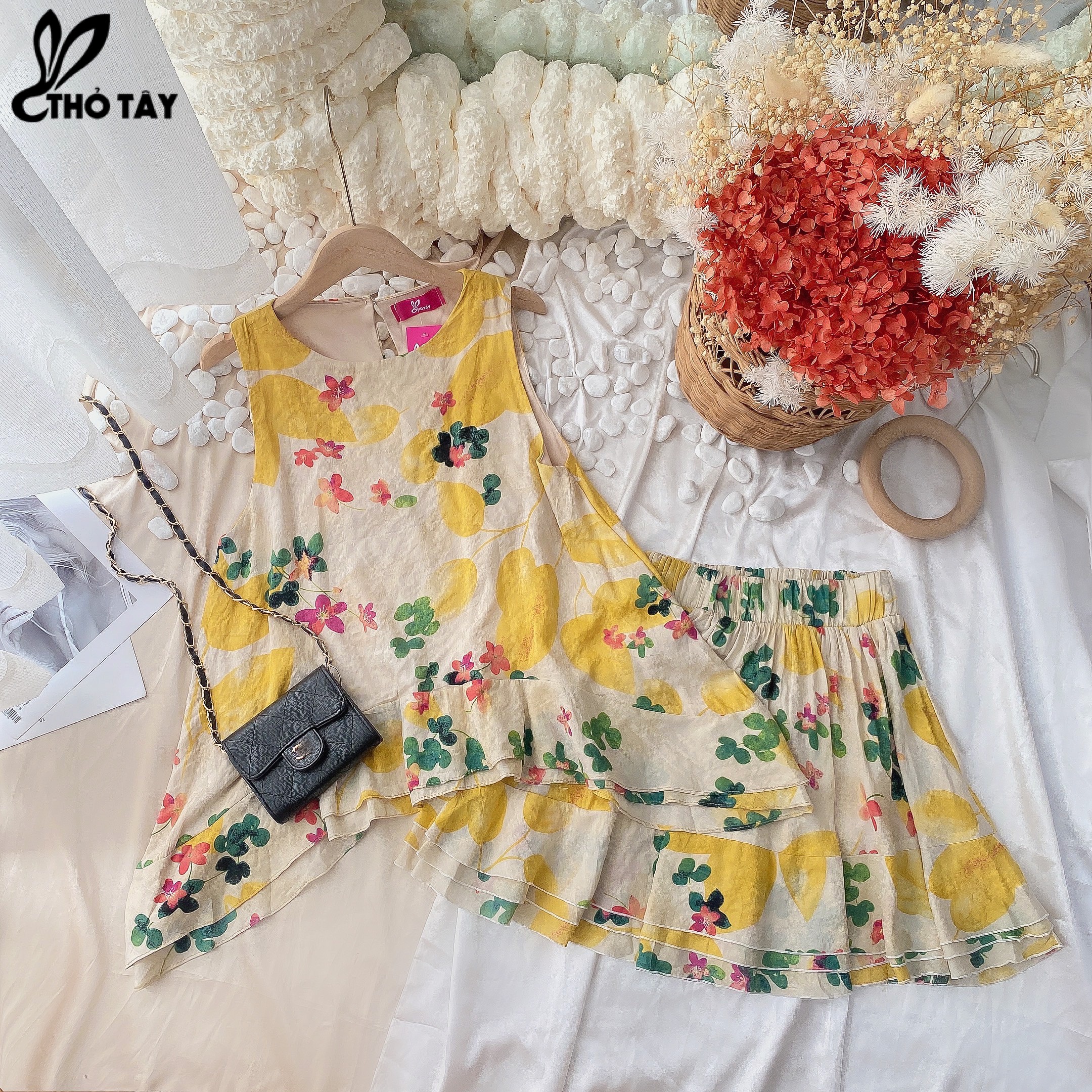 Set bộ nữ hoa vàng phối bèo - thỏ tây s405cx78vang