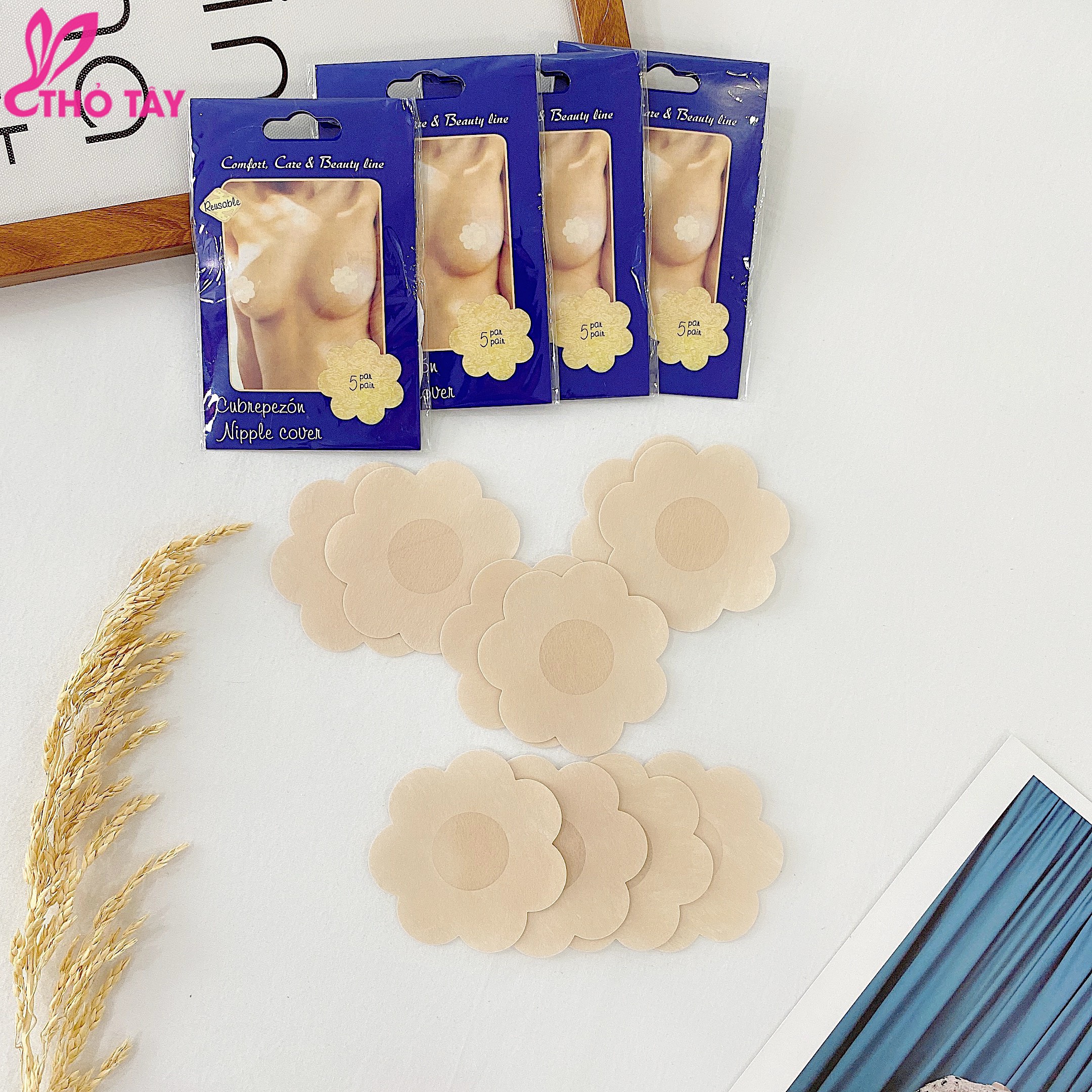 Set 5 cặp miếng dán ngực hình bông hoa - thỏ tây