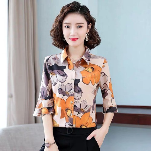 Áo sơ mi nữ hoa vàng cổ bẻ tay lỡ xòe nhẹ