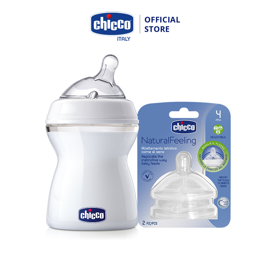 Bình sữa Chicco núm nghiêng Pisa Natural Feeling 0M+ 250ml + Hai Núm ty Chicco nghiêng Pisa điều chỉnh dòng chảy 4M+