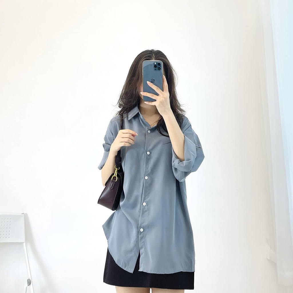 Áo sơ mi nữ form rộng vải Lụa tay dài kiểu Hàn Quốc - Áo sơ mi Vintage Ulzzang nữ trơn cao cấp