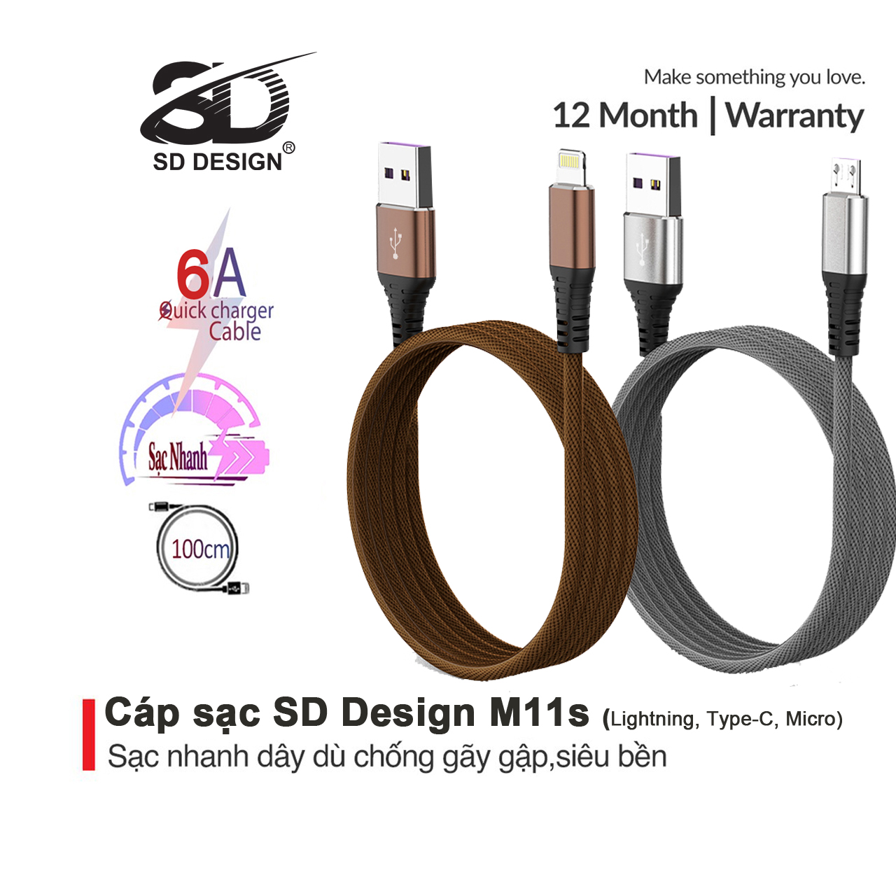 Cáp sạc dây dù chính hãng SD DESIGN M11s sạc siêu nhanh, siêu bền