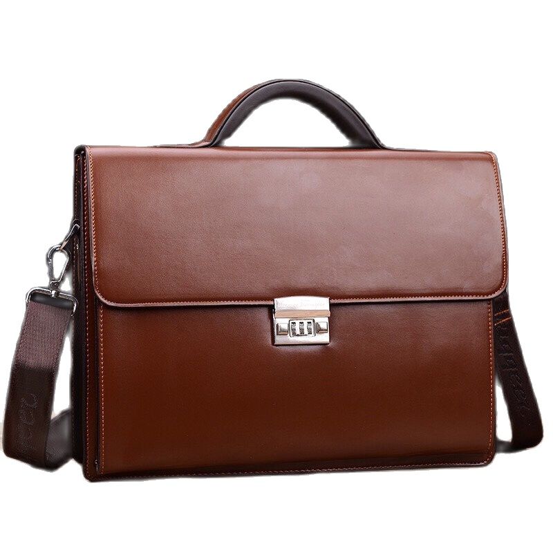 Túi xách cặp da giáo viên đựng laptop 14 inch da bò công sở T23 khóa số (Nâu-Đen) (KT 39x30x10cm.)