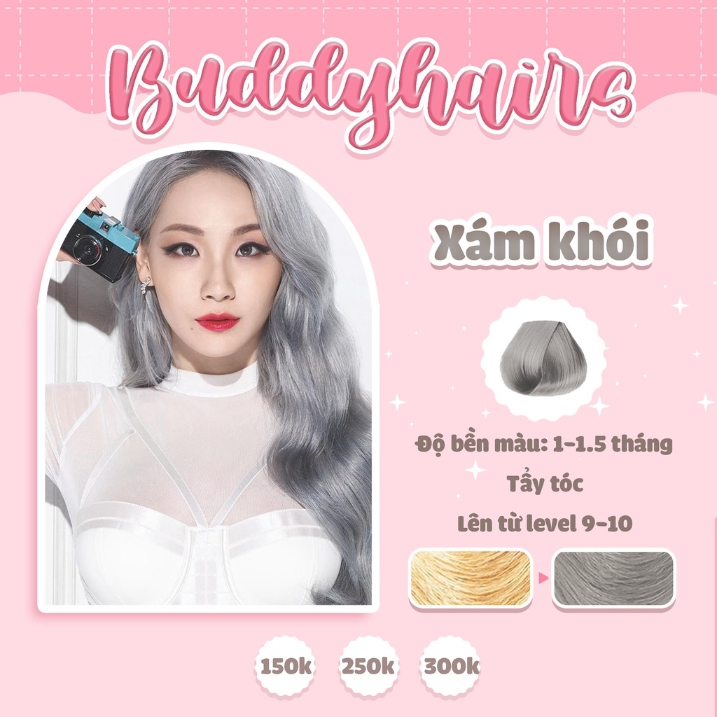 Thuốc nhuộm tóc Xám khói cần dùng Thuốc tẩy tóc của Buddyhairs tặng kèm găng tay mũ trùm đầu trợ nhuộm 1 tẩy tóc 50K