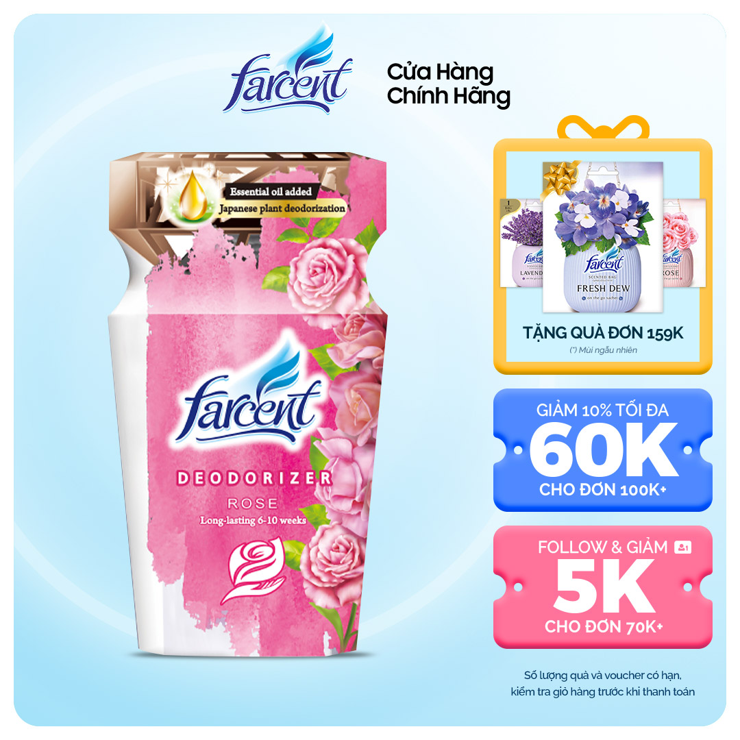 Hộp tỏa hương khử mùi thanh lọc không khí Farcent Hoa Hồng 300ml cho bếp, phòng khách, nhà tắm, toilet, tủ quần áo
