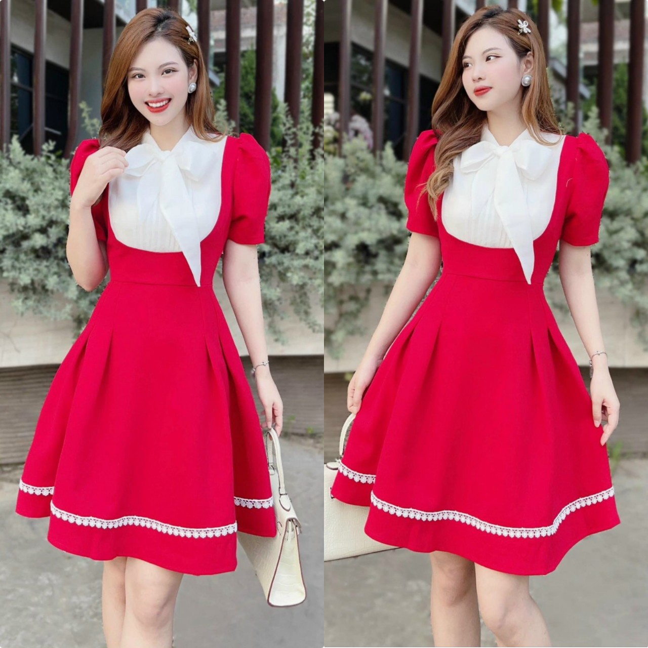 Đầm nữ dáng xòe chạy viền ren phối cổ dập ly cột nơ trẻ trung xinh xắn