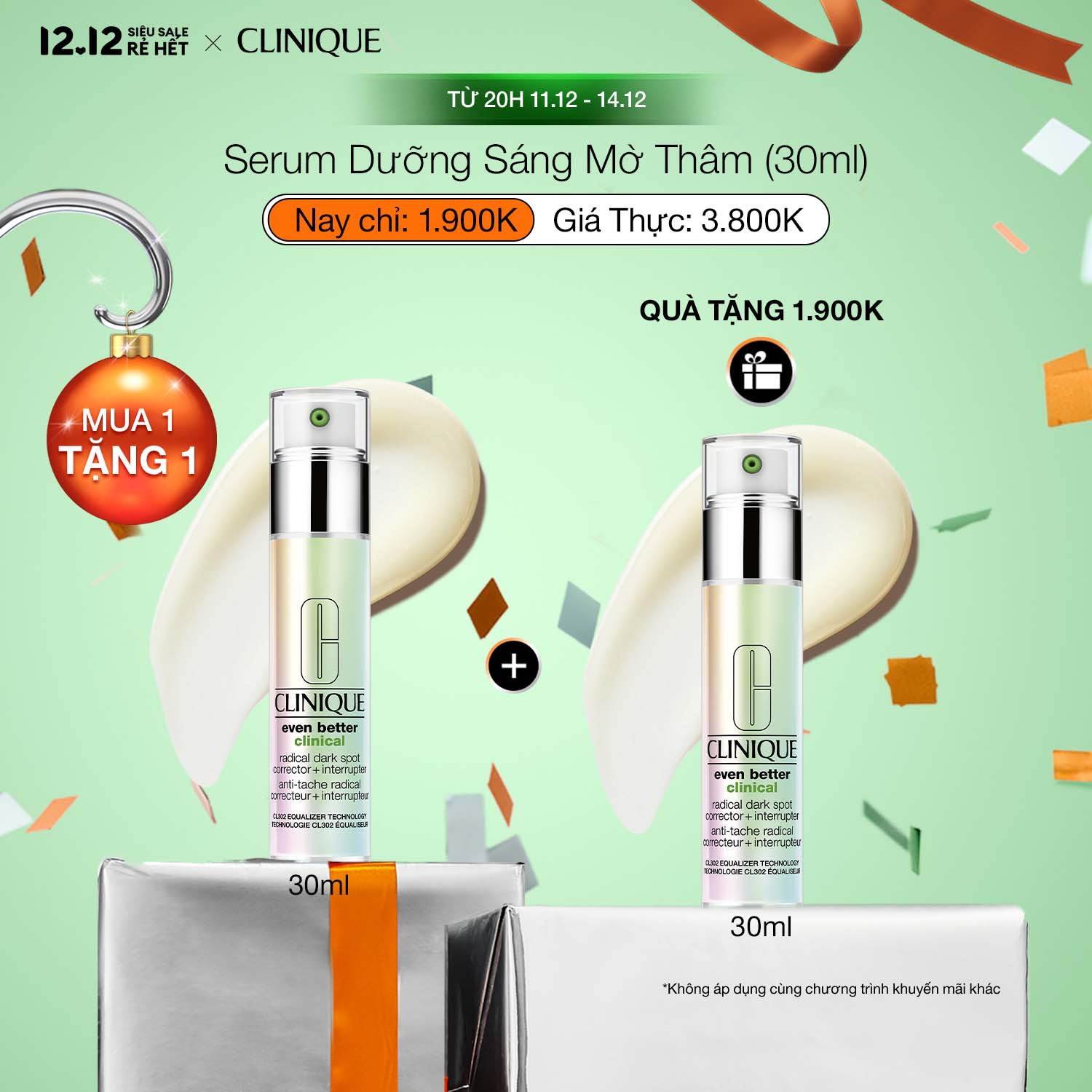 [ƯU ĐÃI LIVESTREAM 12.12] Serum hỗ trợ giảm thâm sạm làm sáng da và ngăn chặn hình thành hắc sắc tố Clinique Even Better Clinical Dark Spot Corrector + Interrupter 30ml