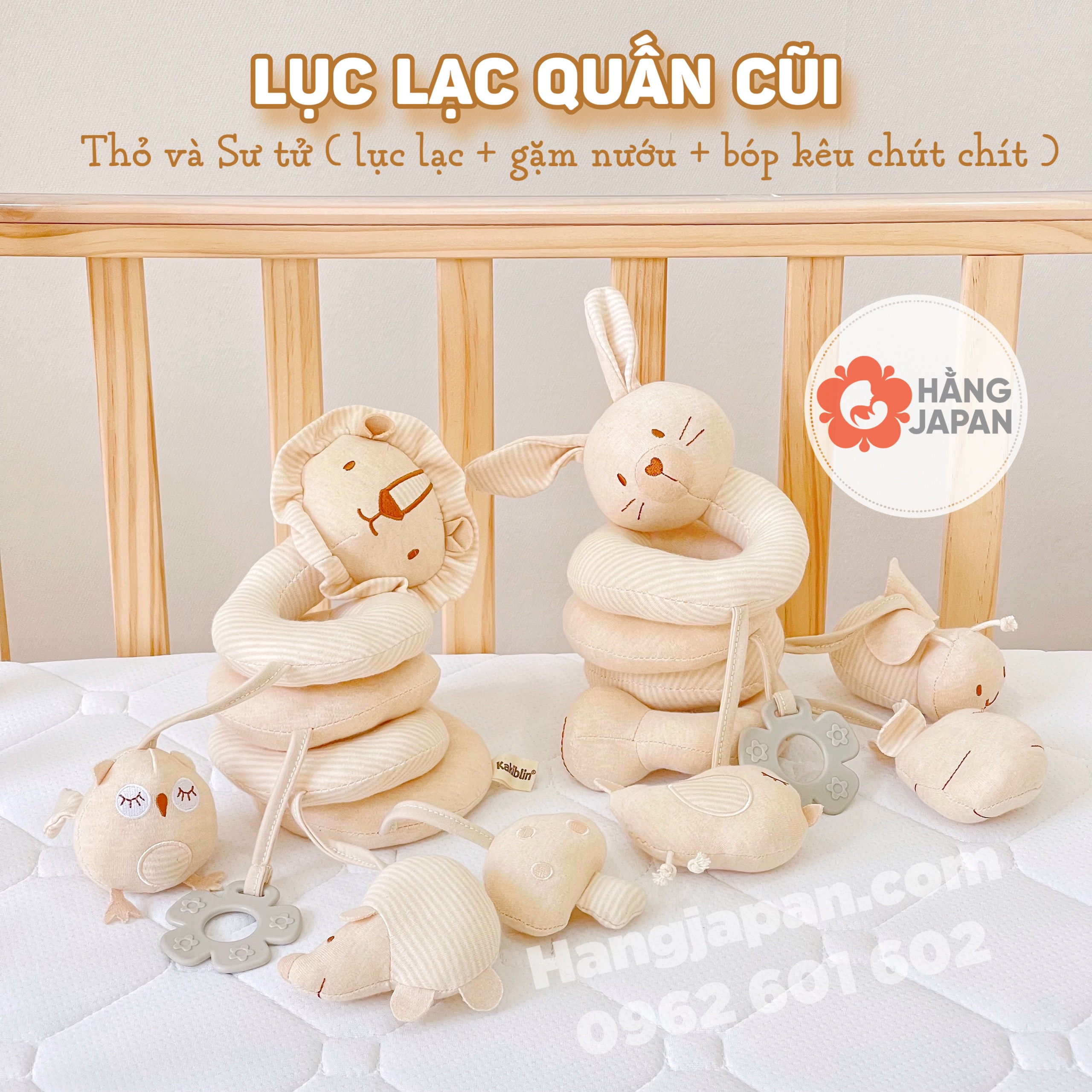 Đồ chơi thú treo nôi quấn cũi, xe đẩy Kakiblin thỏ sư tử