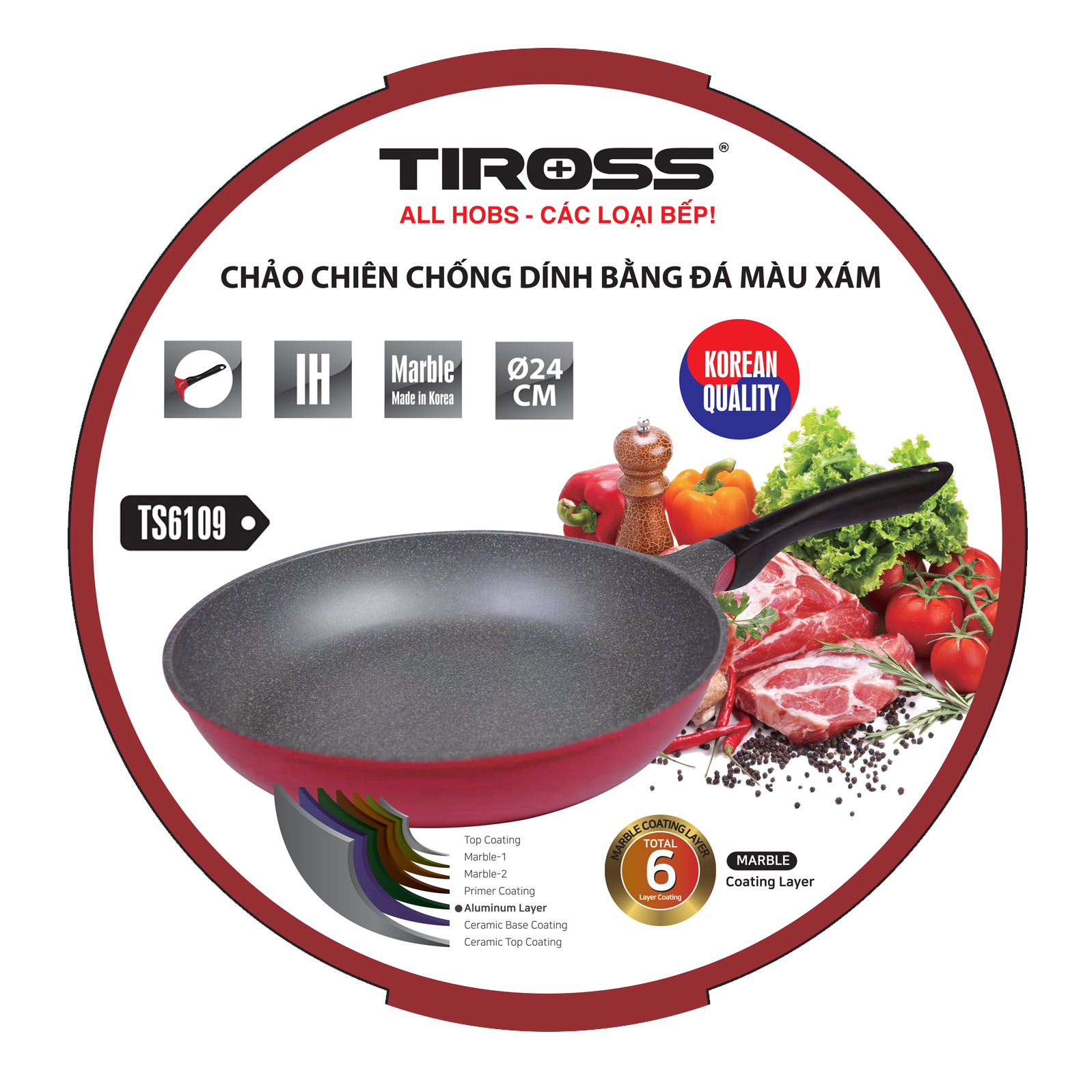 Chảo chống dính Tiross dùng bếp từ bếp ga, chảo chiên cạn TS6109 phi 24 cm, Chảo chiên chống dính bằng đá