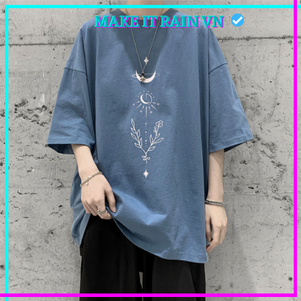Áo Thun Tay Lỡ Unisex HỌA TIẾT HOA LÁ MẶT TRĂNG Make It Rain VN, Áo Phông Nam Nữ Form Rộng, có hình ảnh video thật A60