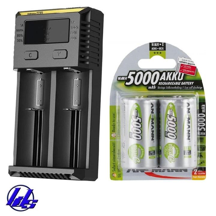 Combo bộ sạc Nitecore New I2 kèm 2 viên pin sạc đại D Ansmann 5000mAh