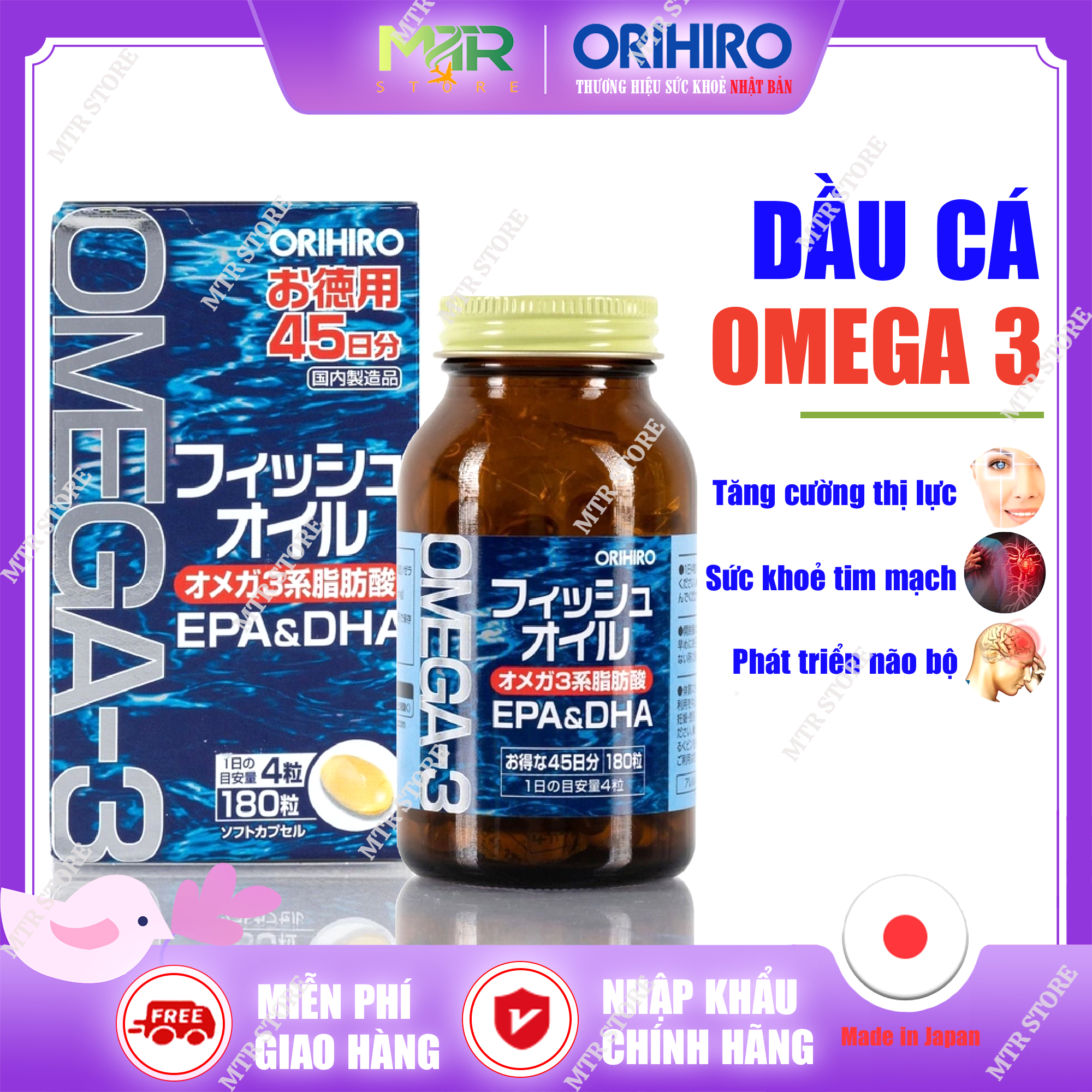  Viên Dầu Cá Orihiro Omega 3 Fish Oil EPA & DHA 180 Viên Của Nhật Bản - Hỗ trợ tim mạch bổ não tăng cường trí nhớ sáng mắt 