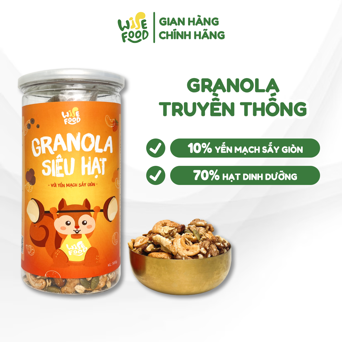 Granola Siêu Hạt Wise Food 500g 10% YẾN MẠCH SẤY GIÒN Bổ Sung Dinh Dưỡng Cải Thiện Vóc Dáng