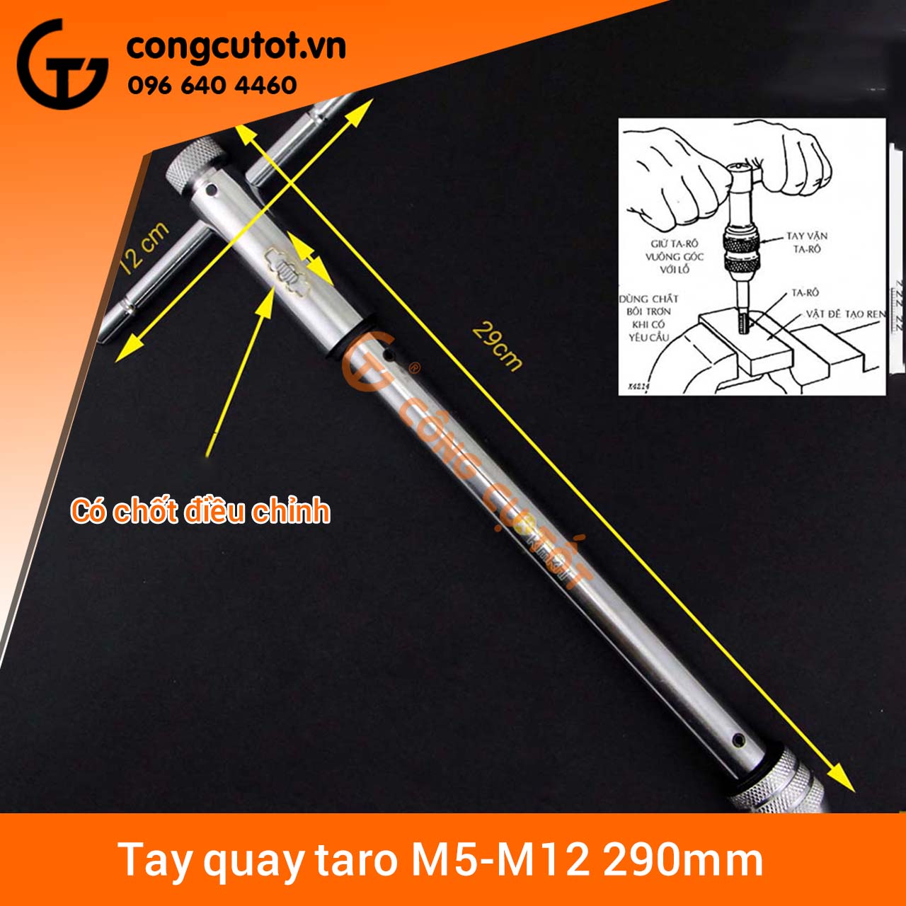 Tay quay taro dài 290mm tự động hai chiều thuận nghịch M5-M12