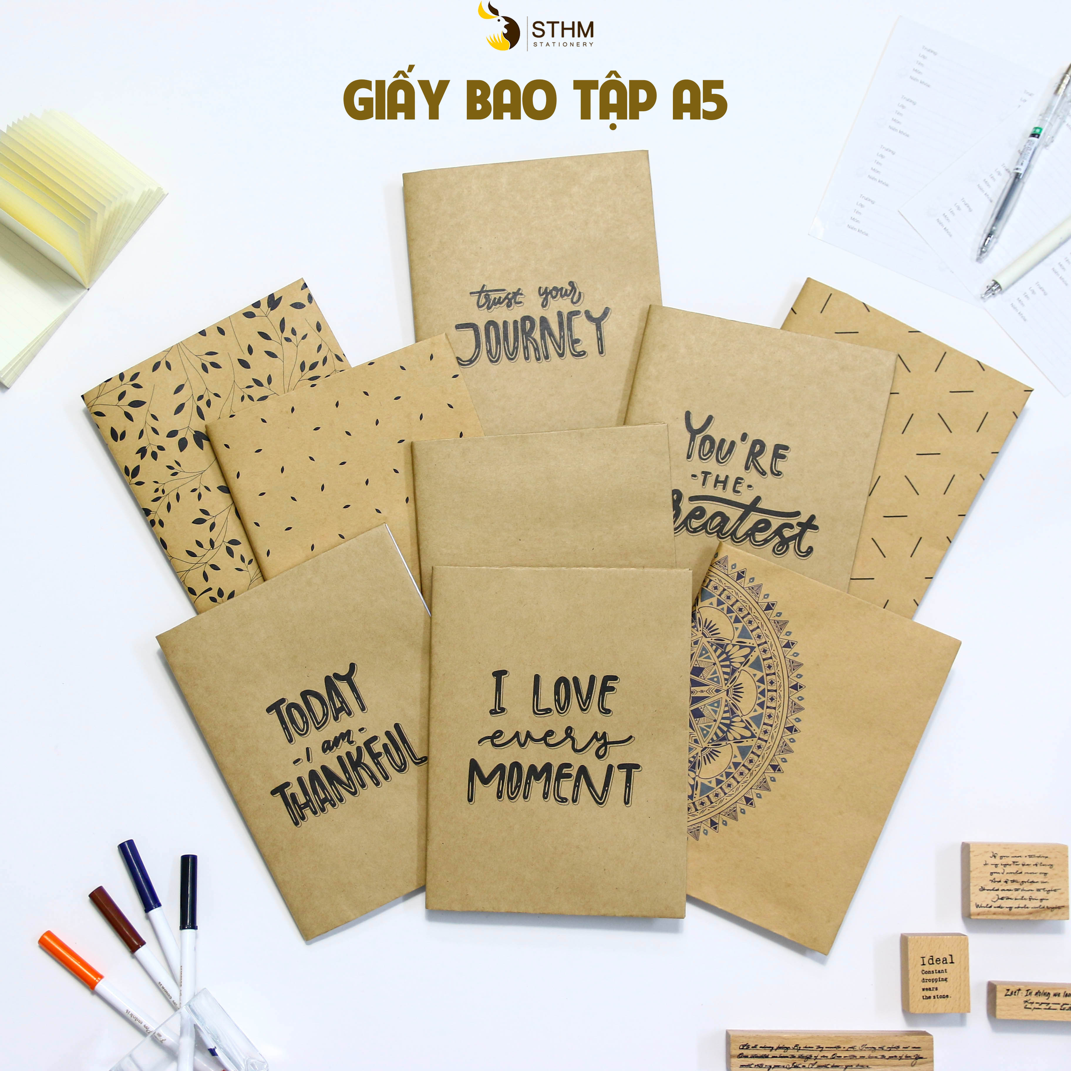Giấy bao tập A5 - Mẫu basic - Giấy kraft cao cấp - Giấy gói quà - STHM Stationery