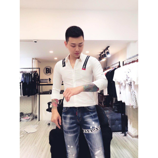 Áo Sơ Mi Nam Dsq Trắng Mix Khoá Vai Cực Đẹp, Cao Cấp (Hàng Loại 1)